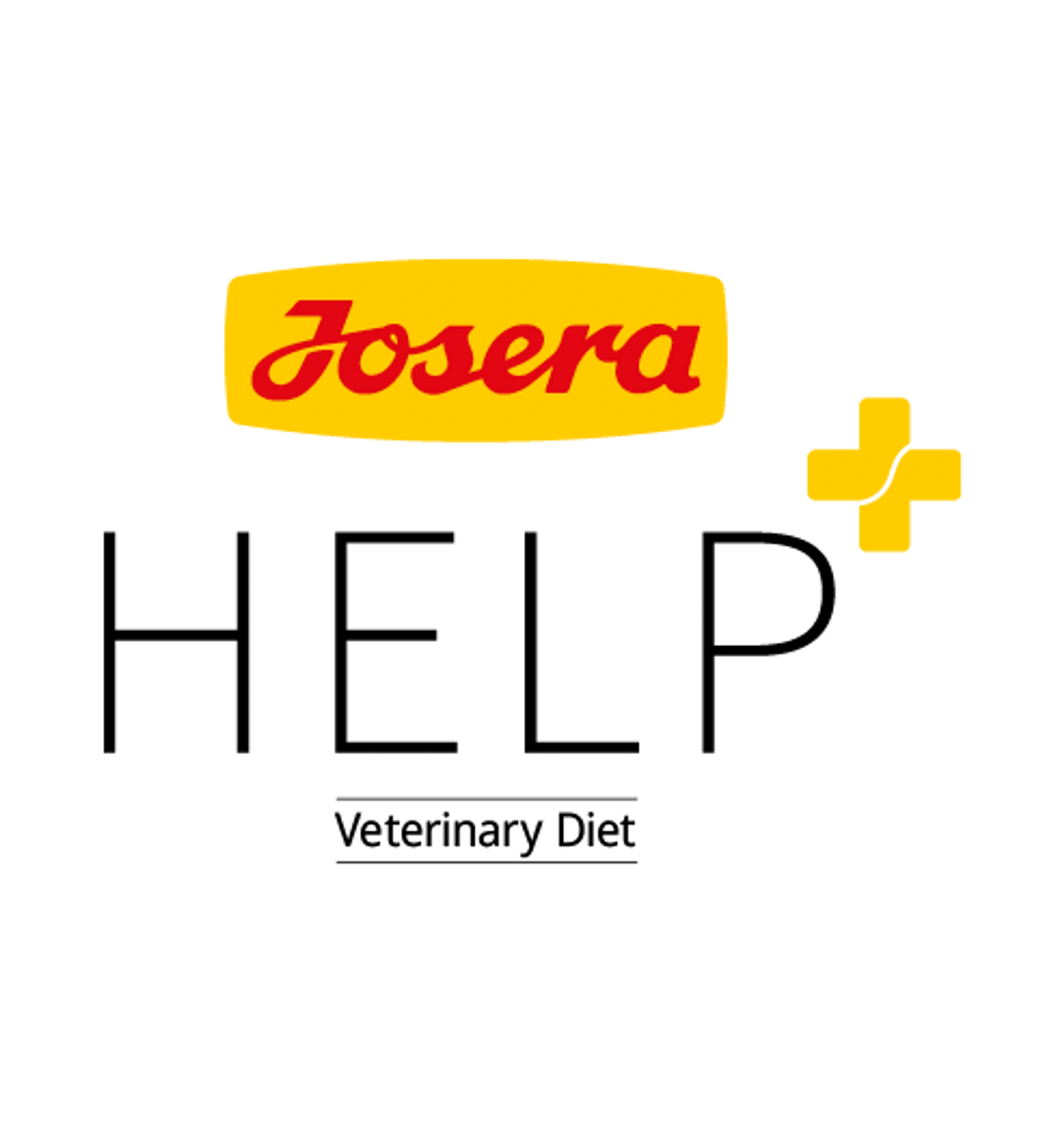 Logo Josera Help roter Schriftzug „Josera“ mit schwarzem „Help“ darunter, begleitet von gelbem Plus-Symbol