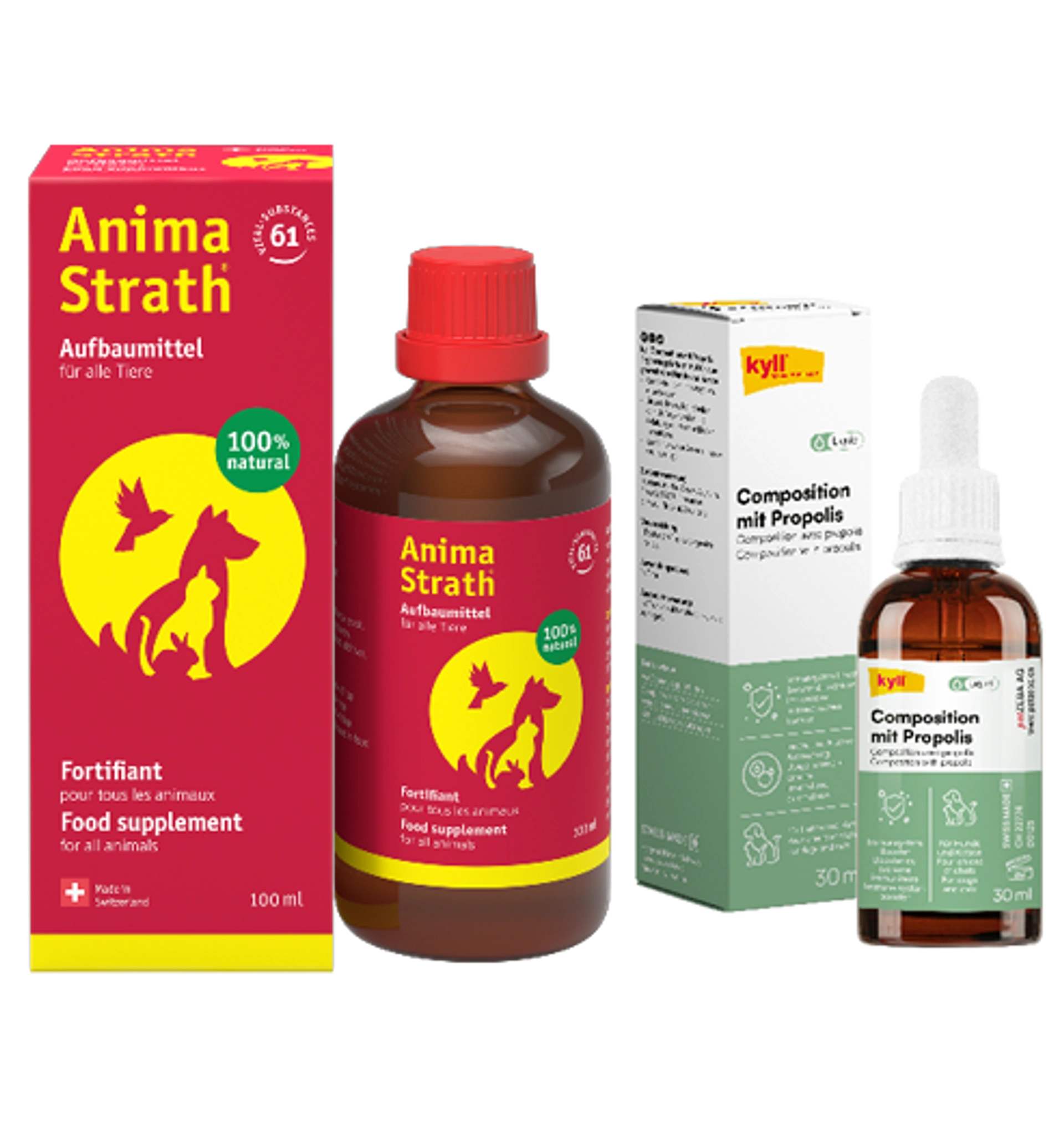 Anima Strath Aufbaumittel, 100 ml, braune Flasche mit roter Verpackung neben kyli Composition, 30 ml, braune Flasche mit grün-weisser Verpackung