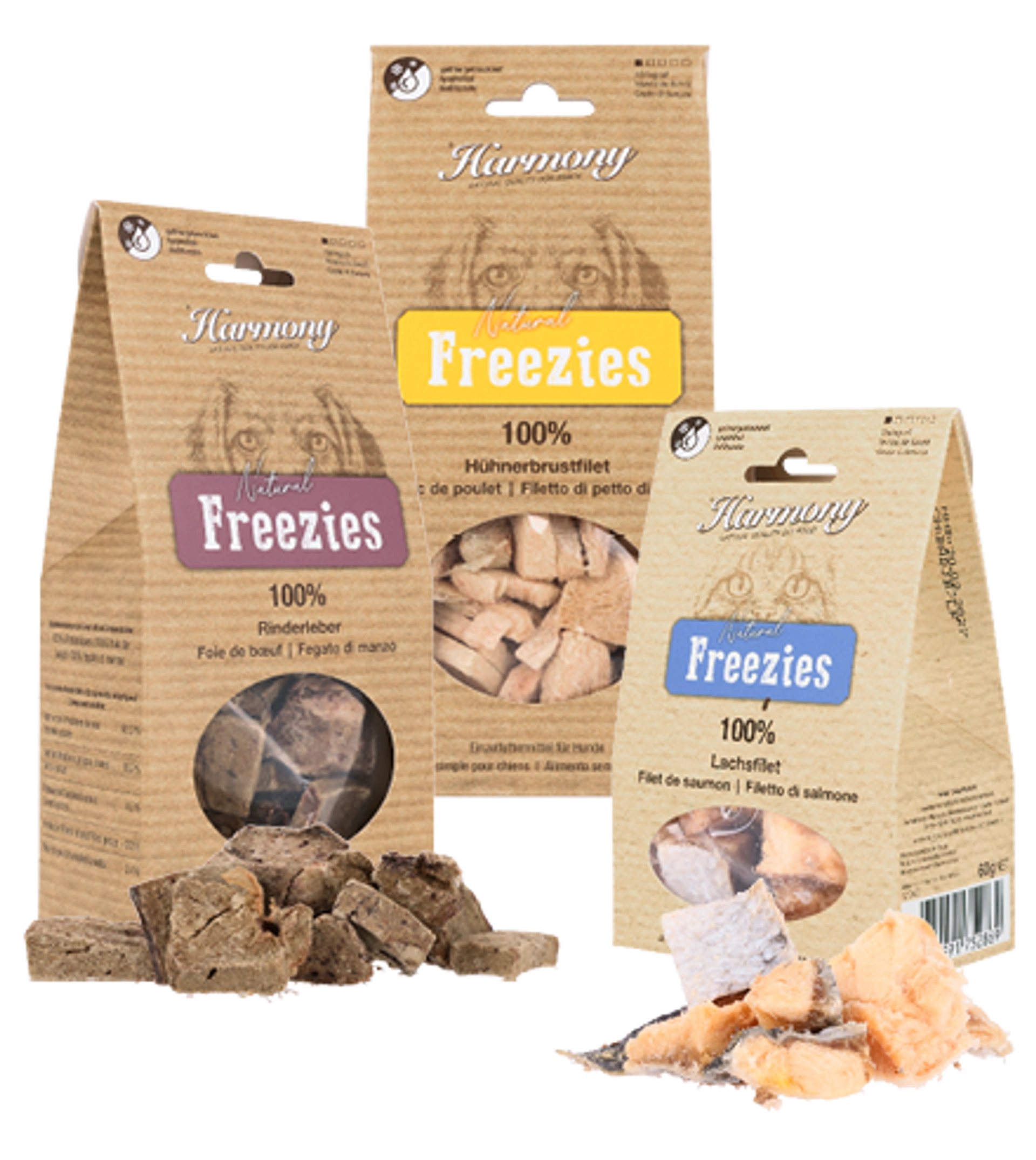 Drei Harmony Natural Freezies Snacks mit Rind, Huhn und Lachs in braunen Beuteln mit Sichtfenster, davor Stücke der Snacks