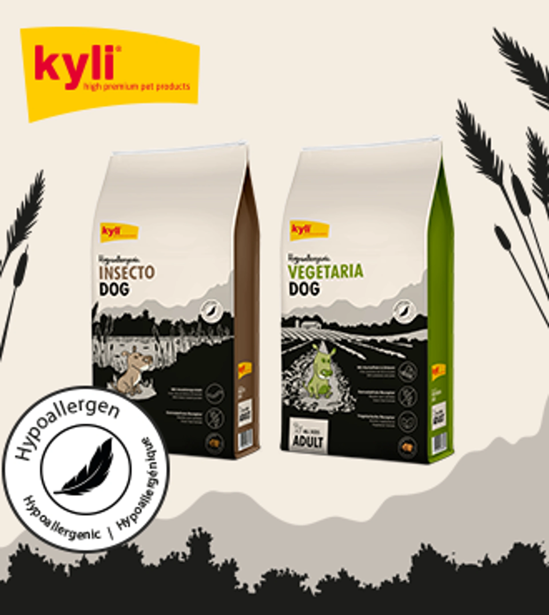 kyli Insecto Dog Adult und kyli Vegetaria Dog Adult in beigen Futtersäcken mit Hypoallergenic-Siegel