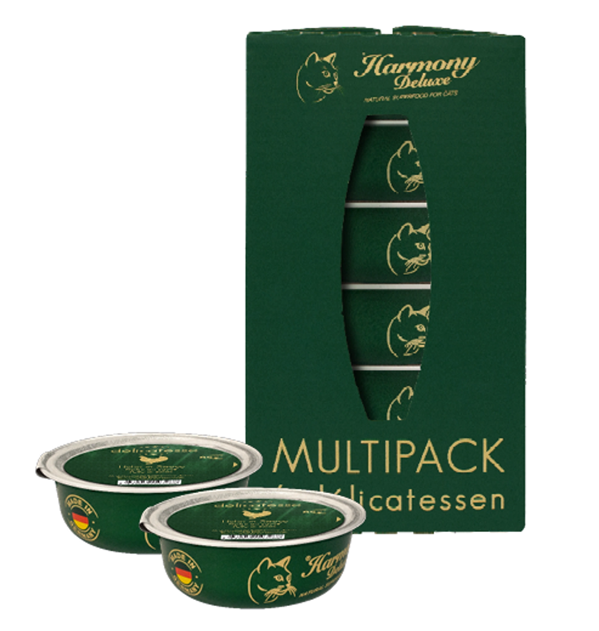 Harmony Deluxe Multipack Delicatessen Katzenfutter in grüner Verpackung mit goldener Schrift und zwei Dosen