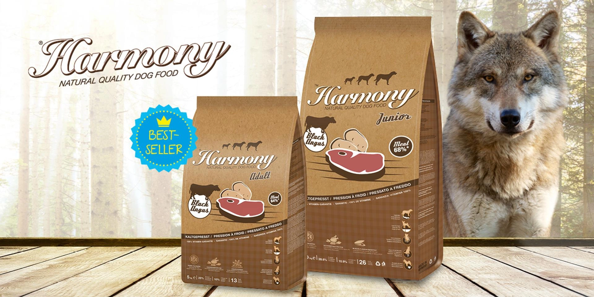Harmony Hundefutter Black Angus Adult und Junior mit Best-Seller Hinweis und Wolf im Hintergrund