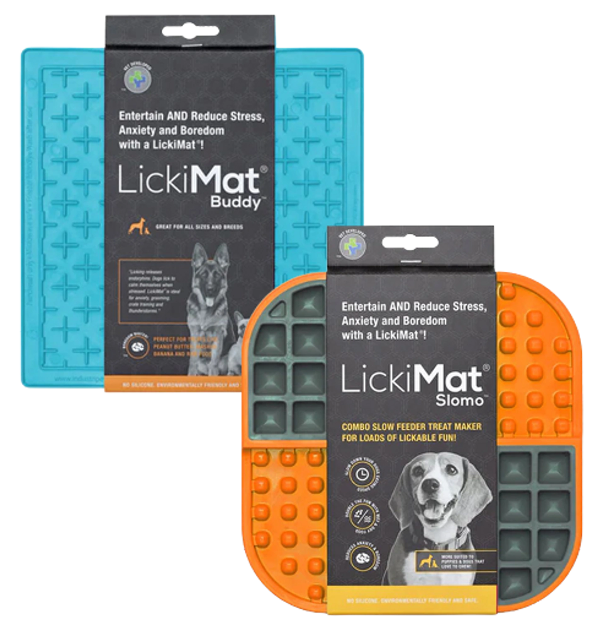 LickiMat Buddy und LickiMat Slomo Schleckmatten für Hunde in Blau und Orange