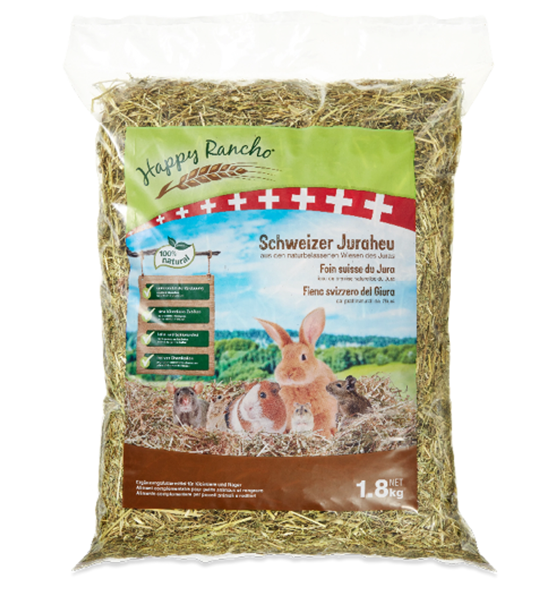 Happy Rancho Schweizer Juraheu 1.8 kg mit Kaninchen und Kleintieren auf Verpackung