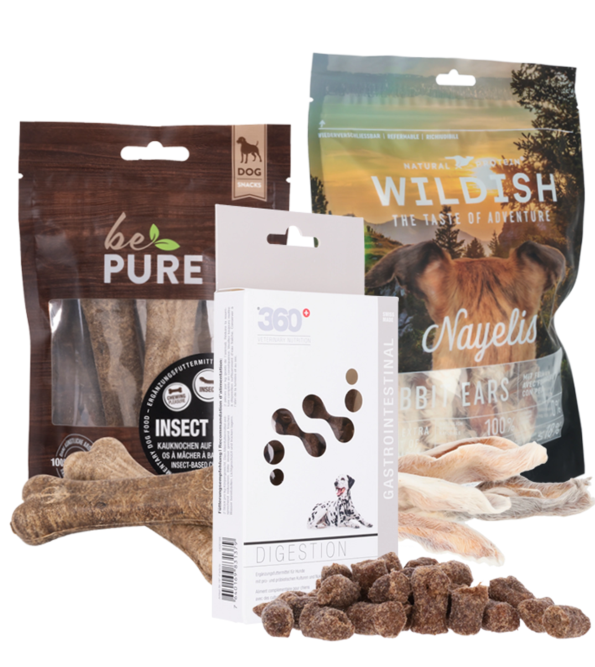 Hundesnacks bePURE Insect Kauknochen, 360° Digestion und Wildish Nayelis Rabbit Ears