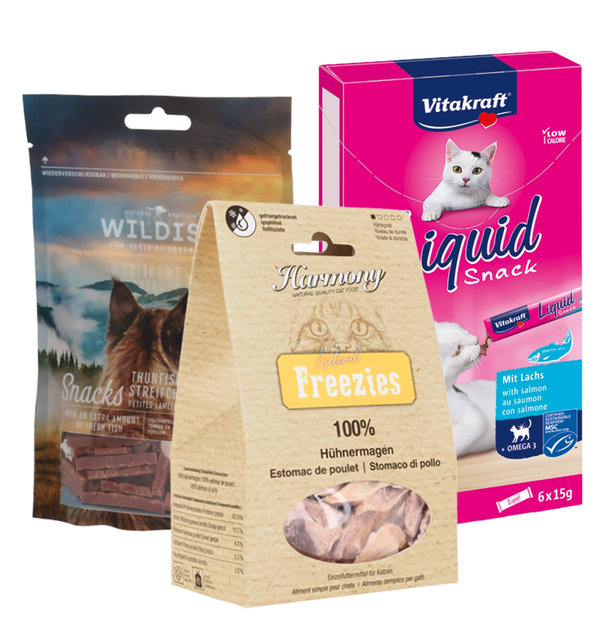 Katzensnacks Wildish Thunfisch, Harmony Freezies Hühnerherzen und Vitakraft Liquid Snack