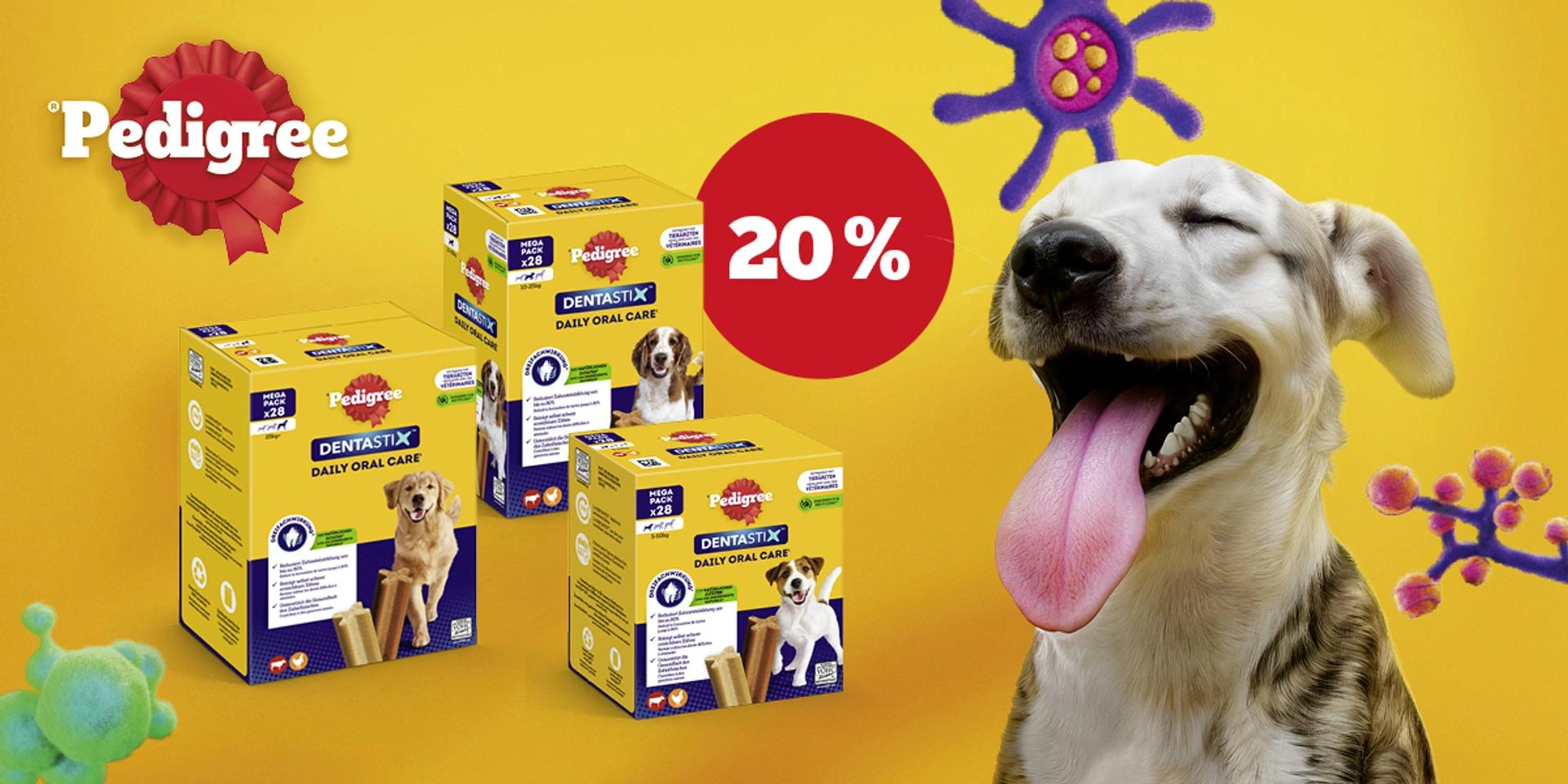 Hund mit ausgestreckter Zunge rechts, links drei Pedigree Dentastix Verpackungen und «20%» Rabattkreis auf gelbem Hintergrund