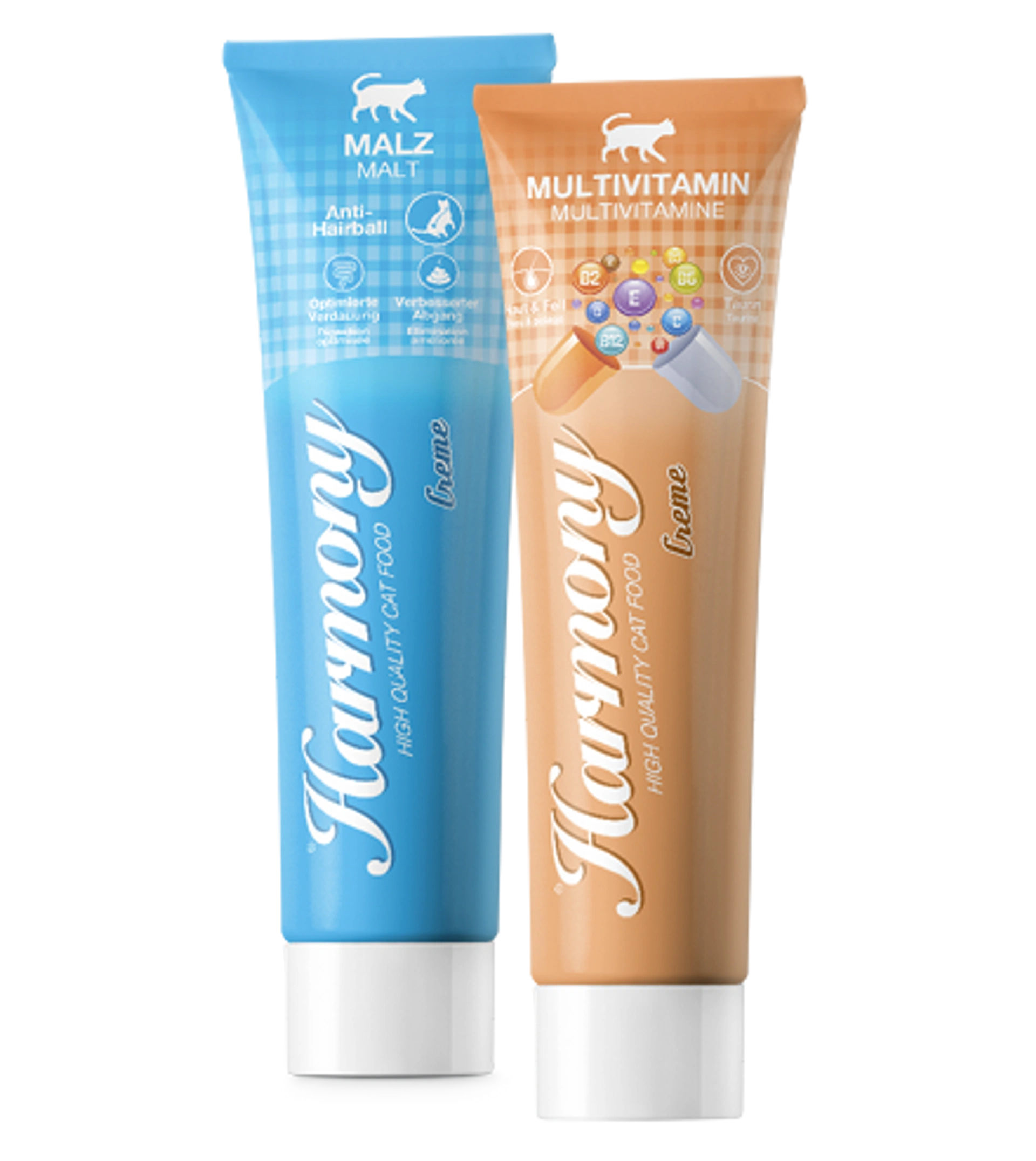 Zwei Harmony Paste Tuben Malz und Multivitamin in Blau und Braun mit weissem Deckel