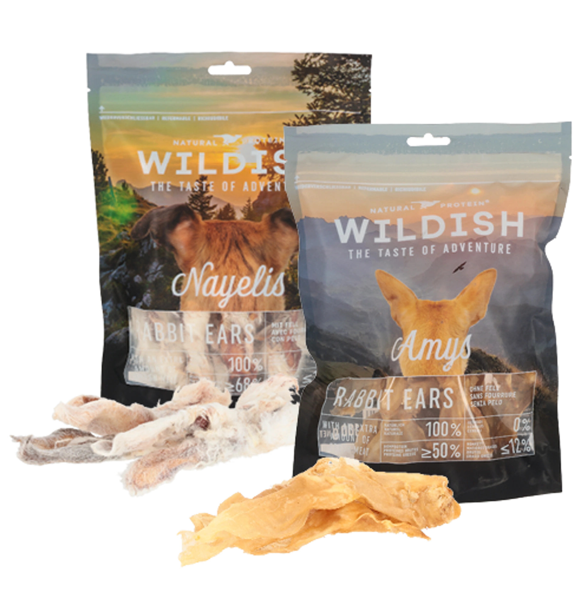 Zwei Wildish Rabbit Ears Beutel mit Hundefoto und Landschaftsdesign, davor getrocknete Hasenohren