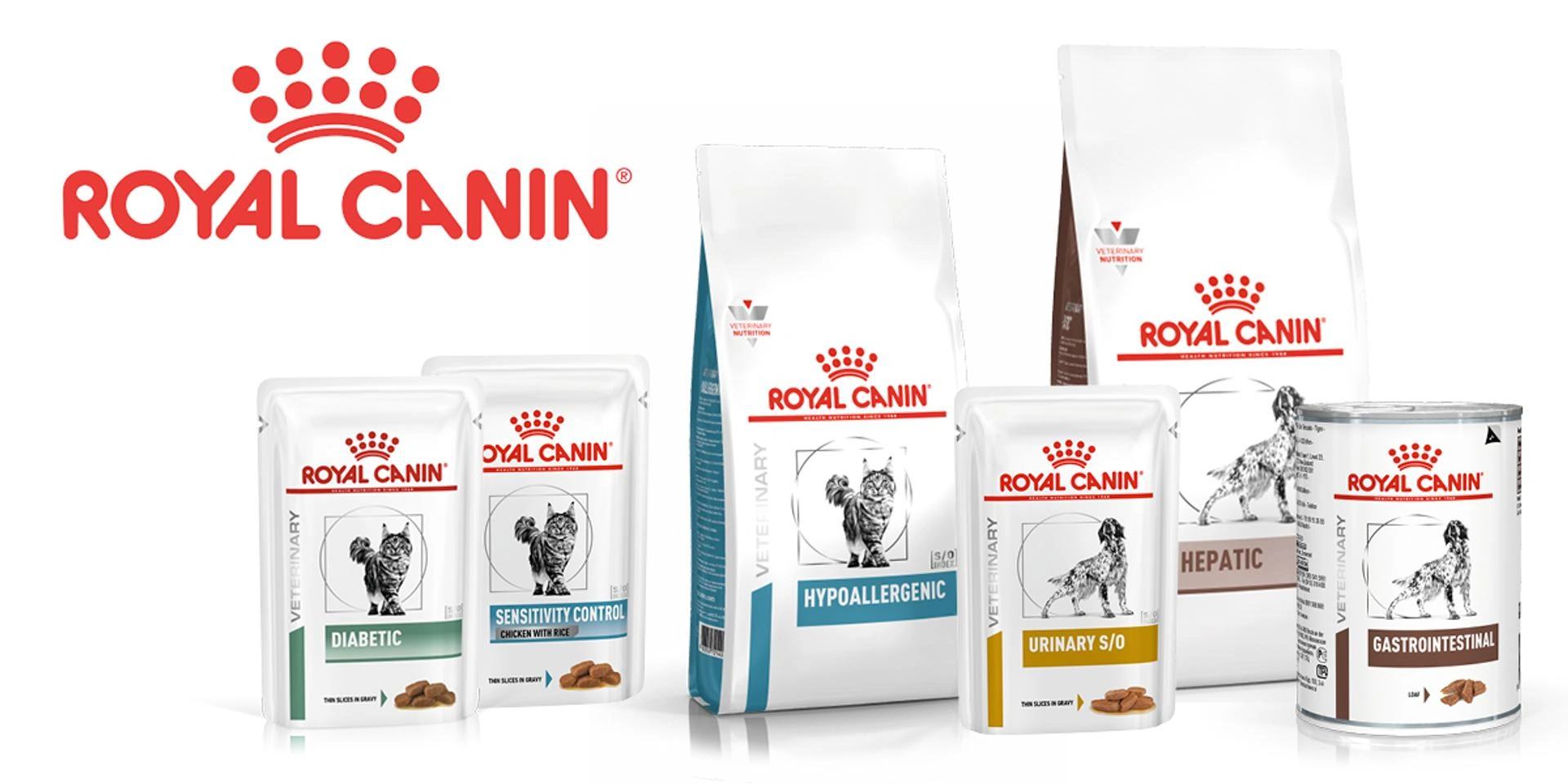 ROYAL CANIN Veterinary Produkte für Hunde und Katzen, verschiedene Trocken- und Nassfutter wie Diabetic, Hypoallergenic, Urinary S/O und Gastrointestinal in weissen Verpackungen