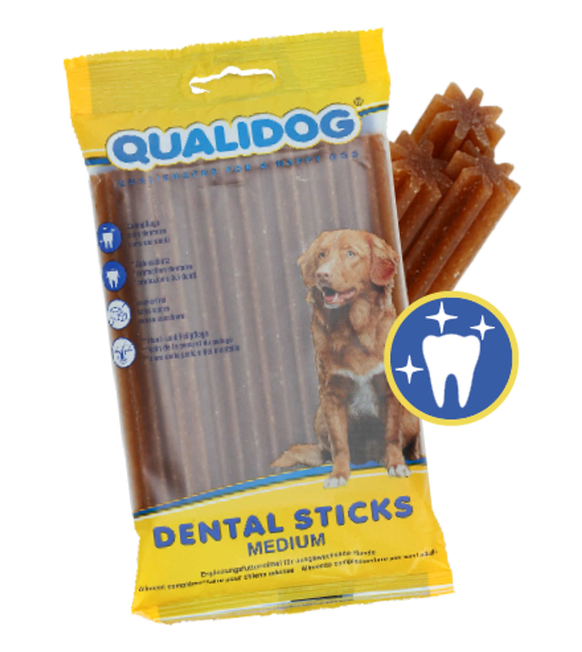 QUALIDOG Dental Sticks Medium in gelber Verpackung mit Hundeabbildung, mehreren Dentalsticks und Symbol für Zahnpflege