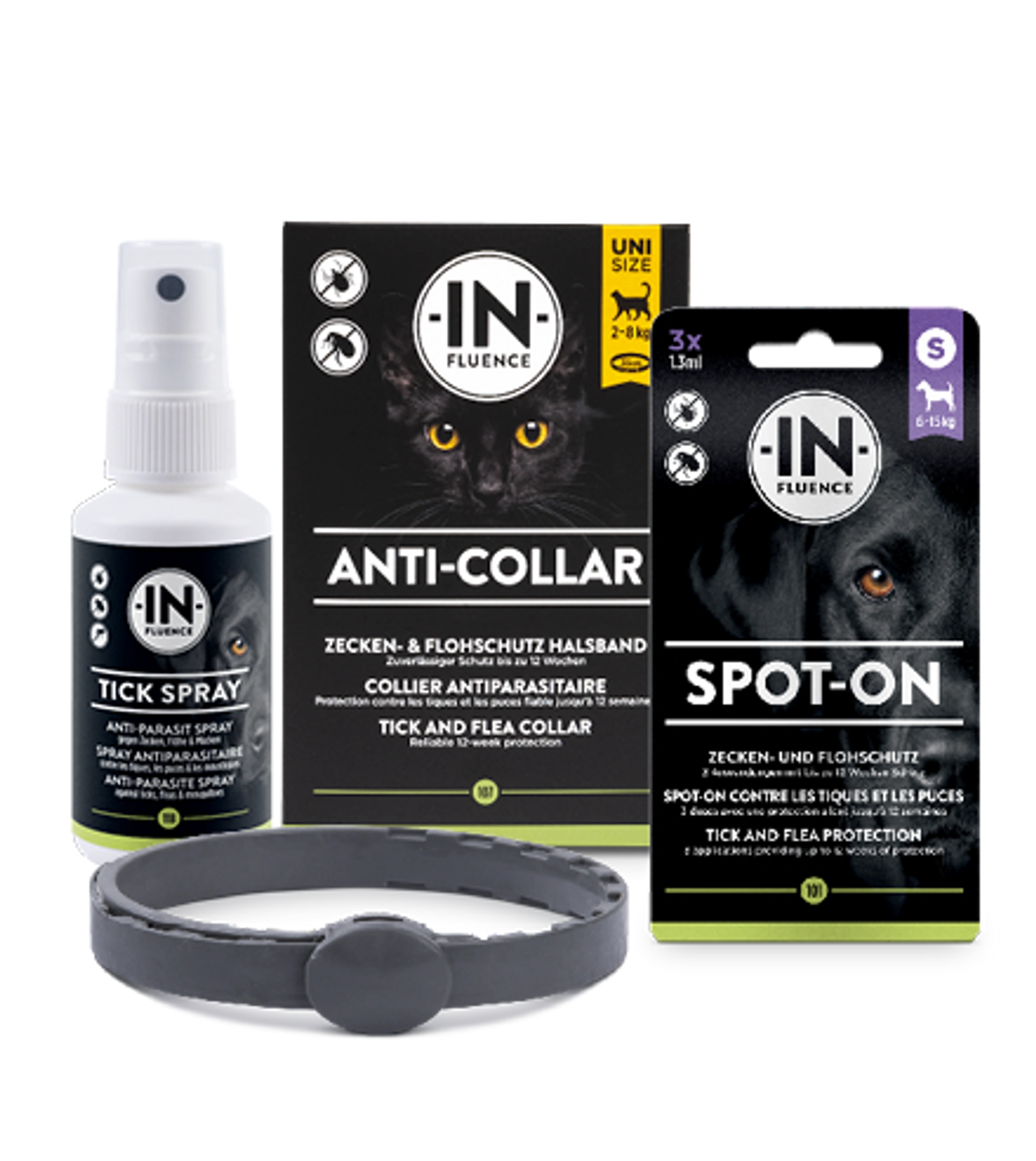 IN-Fluence Zecken- und Flohschutzprodukte für Hunde und Katzen mit Tick Spray, Anti-Collar Halsband und Spot-On Verpackungen
