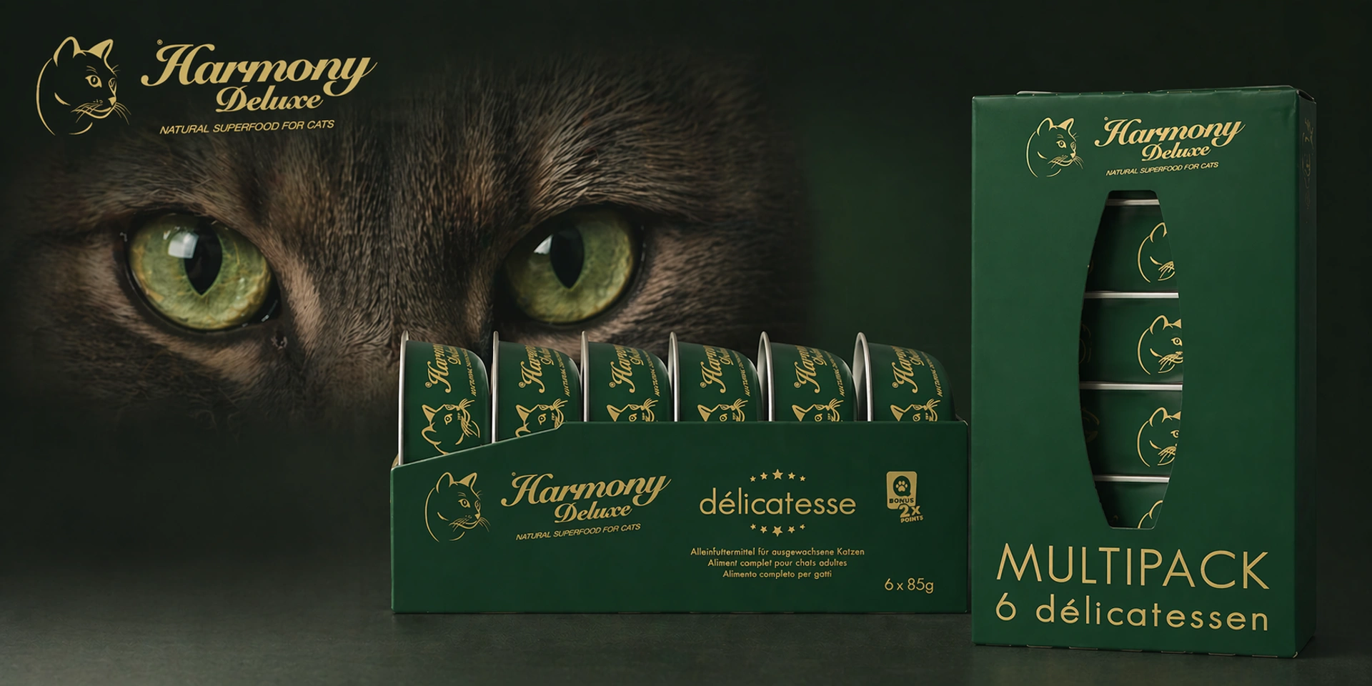 Harmony Deluxe Katzenfutter Multipack mit 30 % Rabatt vor einer Katze mit grünen Augen sowie geöffneter Kartonverpackung und mehreren Nassfutterdosen in dunkler Atmosphäre