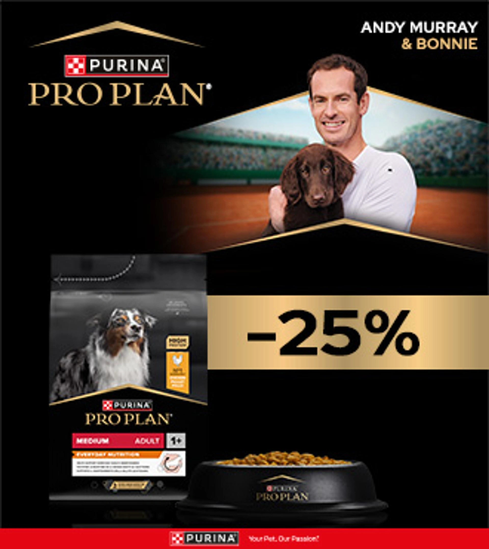 Mann hält braunen Hund im Arm, darunter Purina Pro Plan Produkt und «-25%» Rabattangabe auf schwarzem Hintergrund