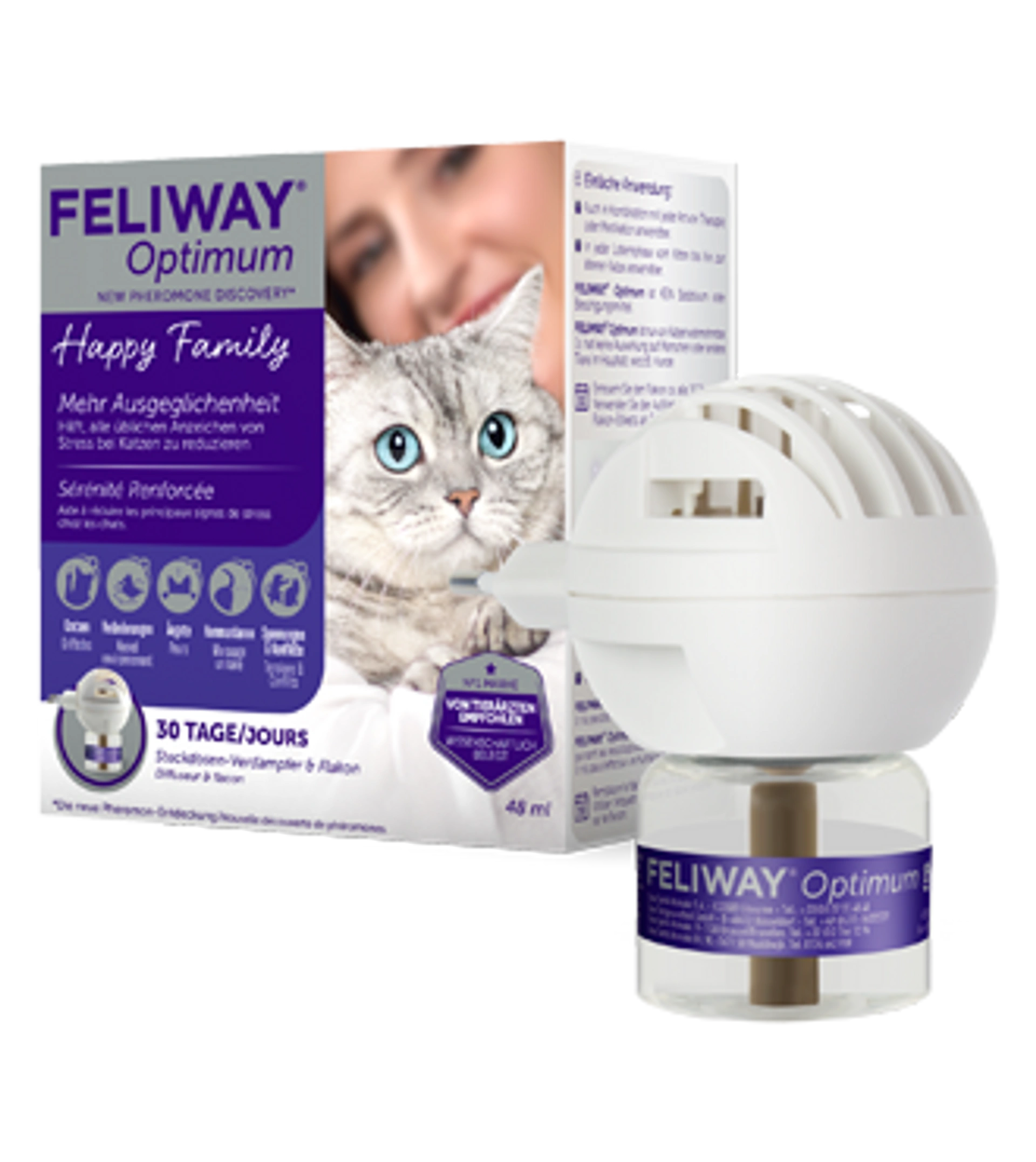 FELIWAY Optimum Happy Family, 48 ml – elektrischer Verdampfer mit Flakon und Verpackung mit Katze und violettem Design
