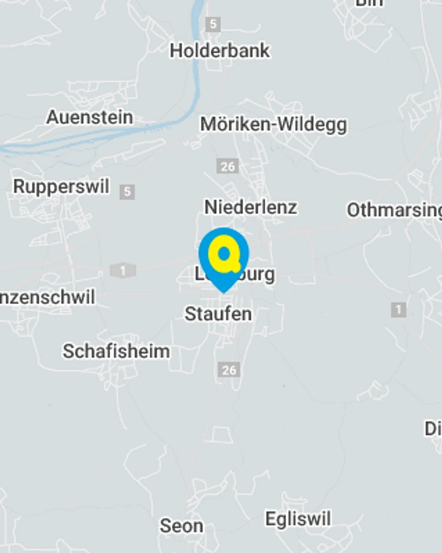 Landkarte mit gekennzeichnetem Standort der Filiale Lenzburg