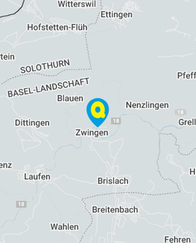 Landkarte mit gekennzeichnetem Standort der Filiale Zwingen