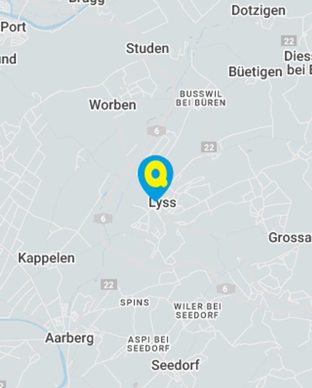 Landkarte mit gekennzeichnetem Standort der Filiale Lyss