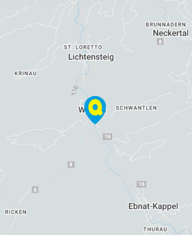 Landkarte mit gekennzeichnetem Standort der Filiale Wattwil