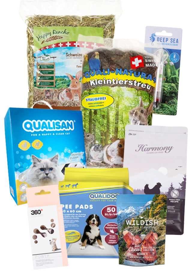 Verschiedene Heimtierprodukte wie Heu, Kleintierstreu, Katzenstreu, Hundeunterlagen, Snacks und Zubehör in unterschiedlichen Verpackungen zusammengestellt