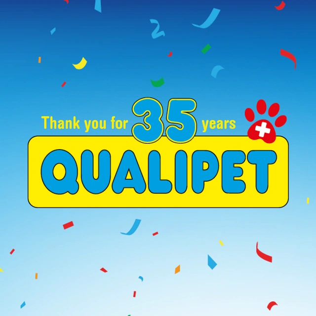 QUALIPET Logo mit Text «Thank you for 35 years», rote Pfote mit Schweizer Kreuz und Konfetti auf blauem Hintergrund