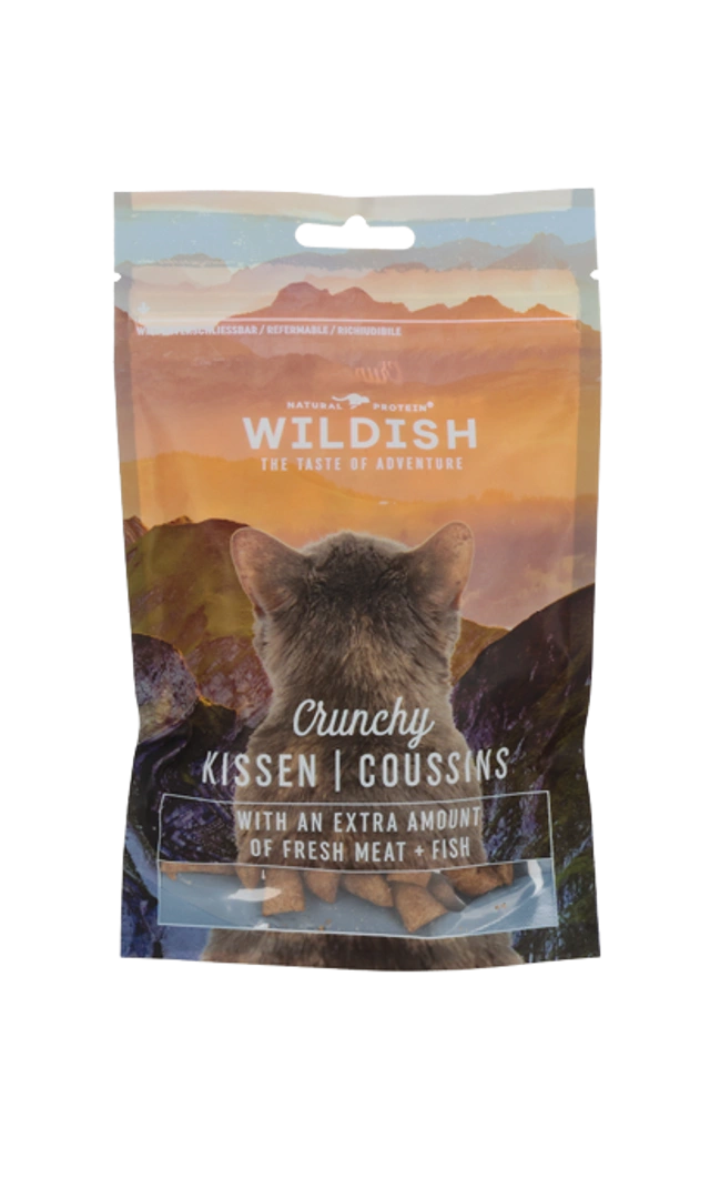 Verpackung Wildish Cat Crunchy Kissen 80 g – Fleischreiche gefüllte Katzen­snack-Kissen im wiederverschliessbaren Beutel
