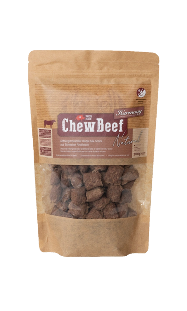 Verpackung Harmony Dog Natural Chew Beef 200 g mit Rind-Stückchen als Snack für Hunde
