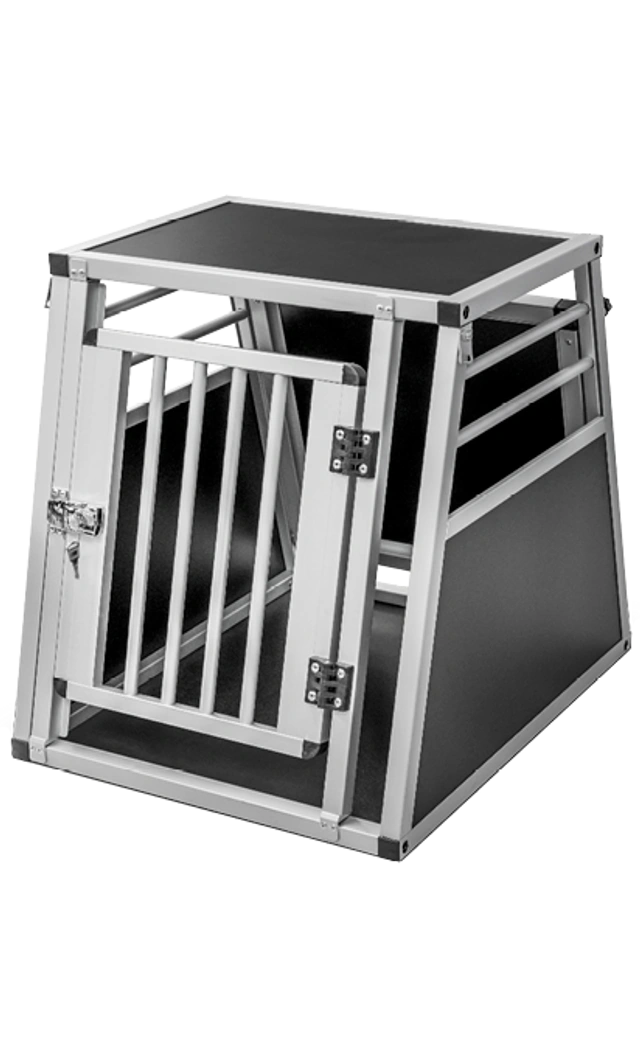 Frontansicht der Freezack Aluminium-Hundebox Auto Moss mit Notausstieg hinten