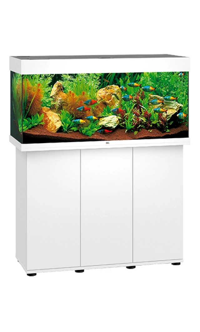 Aquarium mit Fischen und Pflanzen auf einem weissen Aquariummöbel