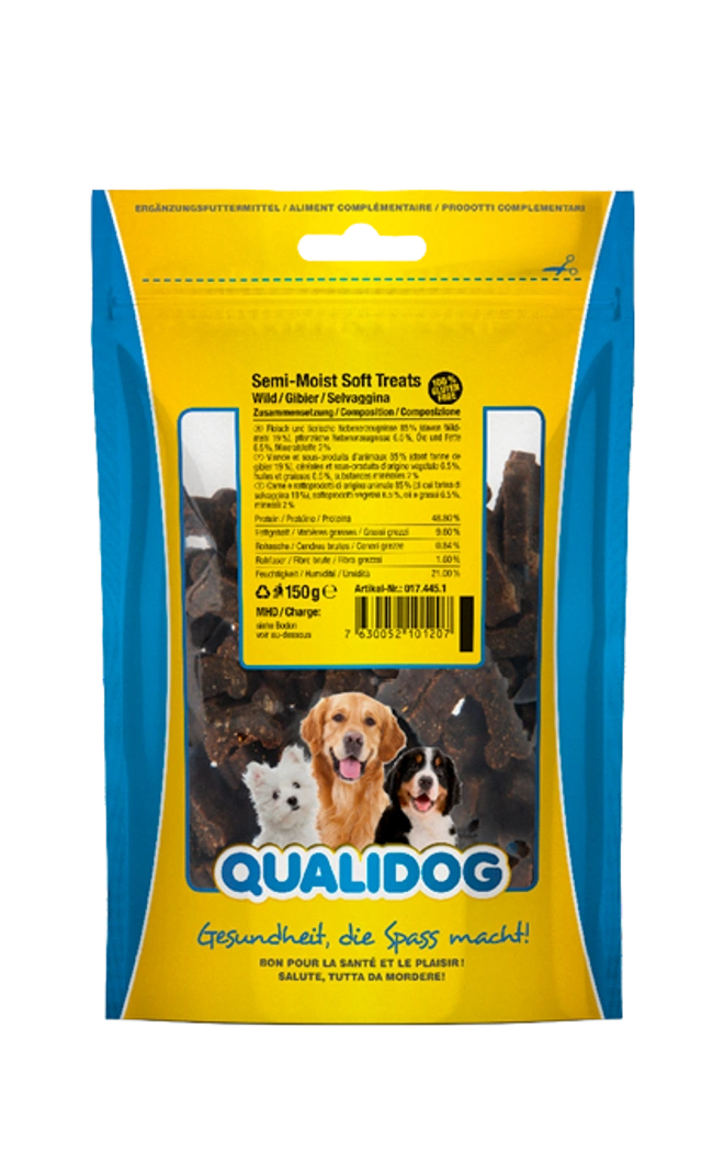 Qualidog Hundeleckerli Semi‑Moist Wild, 150 g – halbfeuchter Snack für Hunde in gelb‑blauem Standbeutel mit drei Hunderassen‑Motiven