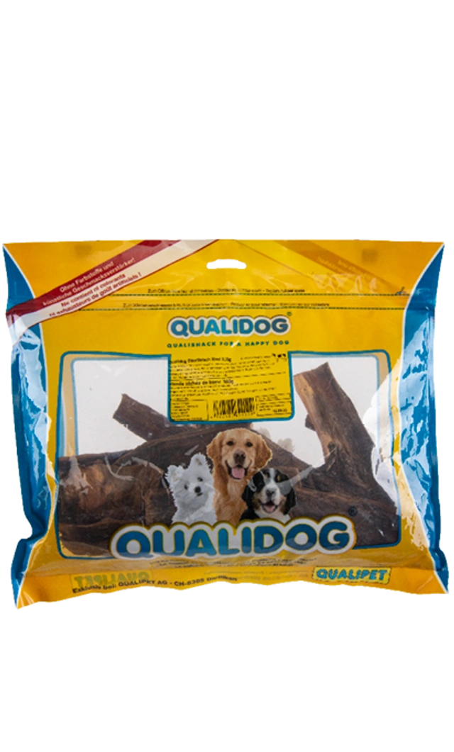 Qualidog Dörrfleisch 300 g – Rind‑Kausnack für Hunde im gelb‑blauen Beutel mit drei Hunderassen‑Motiv