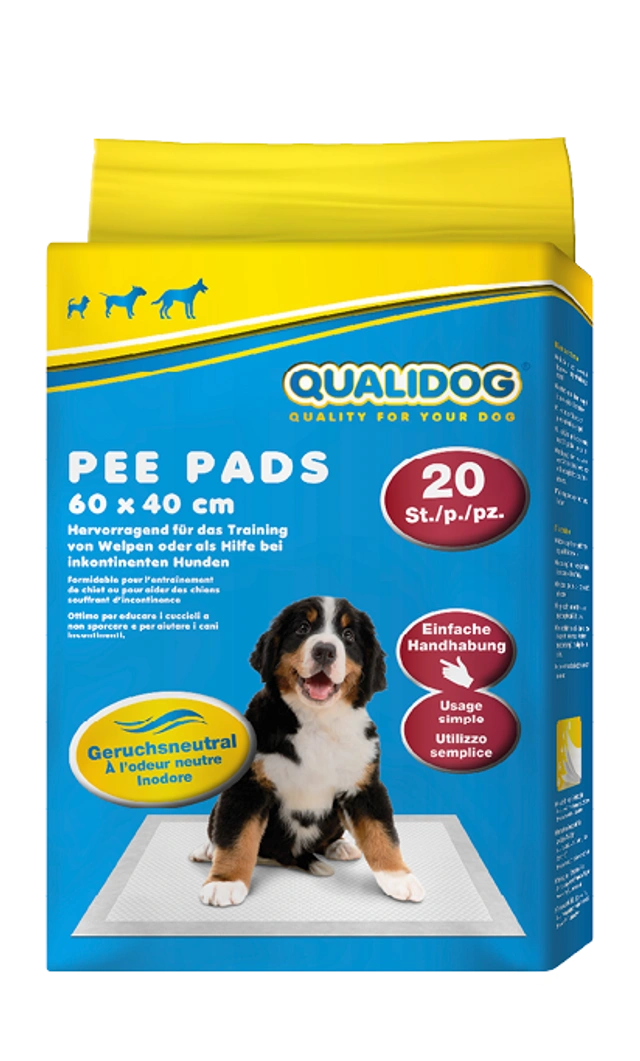 Qualidog Puppy Pee Pads geruchslos, 20 Stk. 60 × 40 cm – geruchsneutrale Unterlagen für Hunde in gelb‑blauem Standbeutel mit Welpenbild