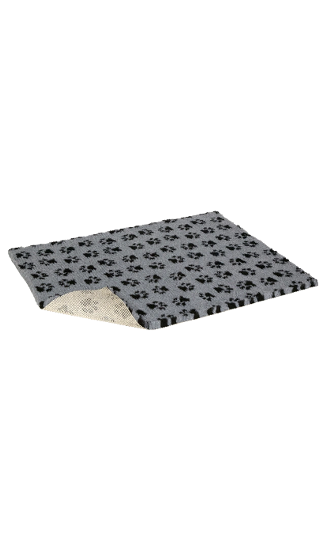 Qualidog Liegematte Anti‑Slip grau mit schwarzen Pfoten – rutschfeste Hundematte mit grauem Obermaterial und schwarzem Pfotenmuster