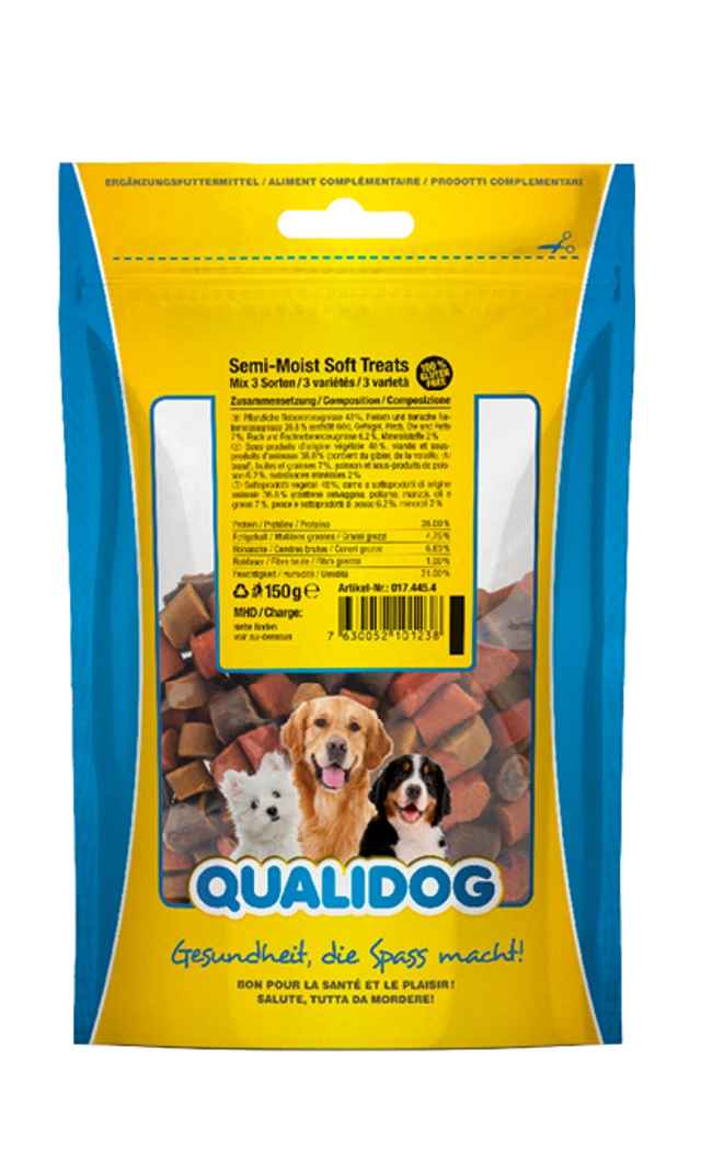 Qualidog Hundeleckerli Semi‑Moist Mix 4 Sorten, 150 g – halbfeuchte Trainingssnacks für Hunde im gelb‑blauen Standbeutel mit Sichtfenster und multicolor Snacks