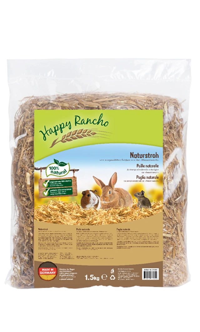 Happy Rancho Stroh aus der Wesermarsch, 3 kg – transparenter Sack mit Strohmotiv, drei Kleintieren und grünem Markenlogo