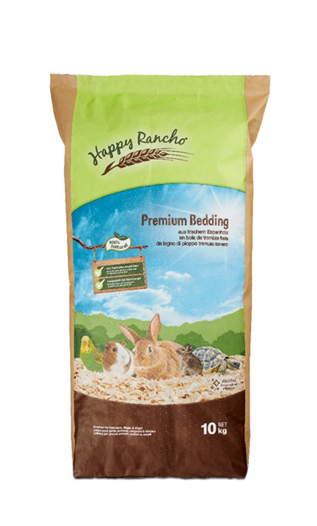 Happy Rancho Kleintierstreu Premium Bedding, 10 kg – Verpackung mit Einstreumotiv, vier Kleintieren und grünem Markenlogo