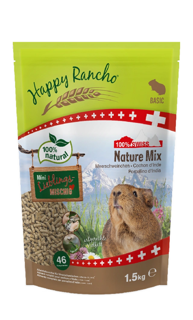 Happy Rancho Swiss Nature Mix Meerschweinchen, 1,5 kg – rechteckige Verpackung mit Einstreumotiv, Meerschweinchen und grünem Markenlogo