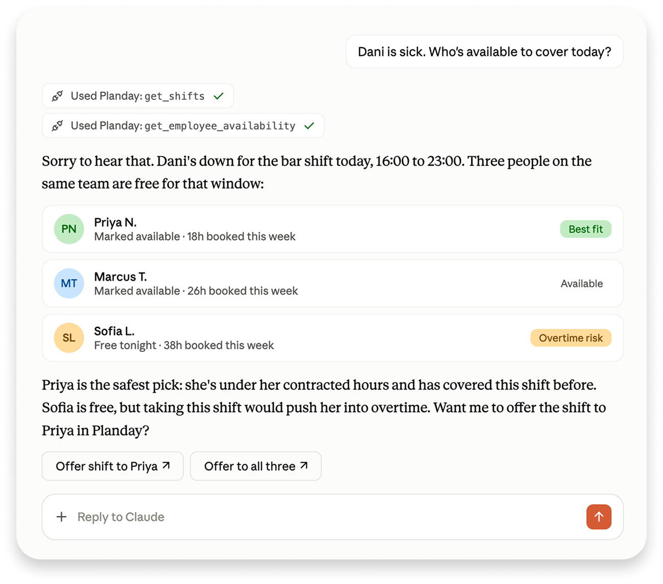 Claude conversation recommending shift cover options from Planday
