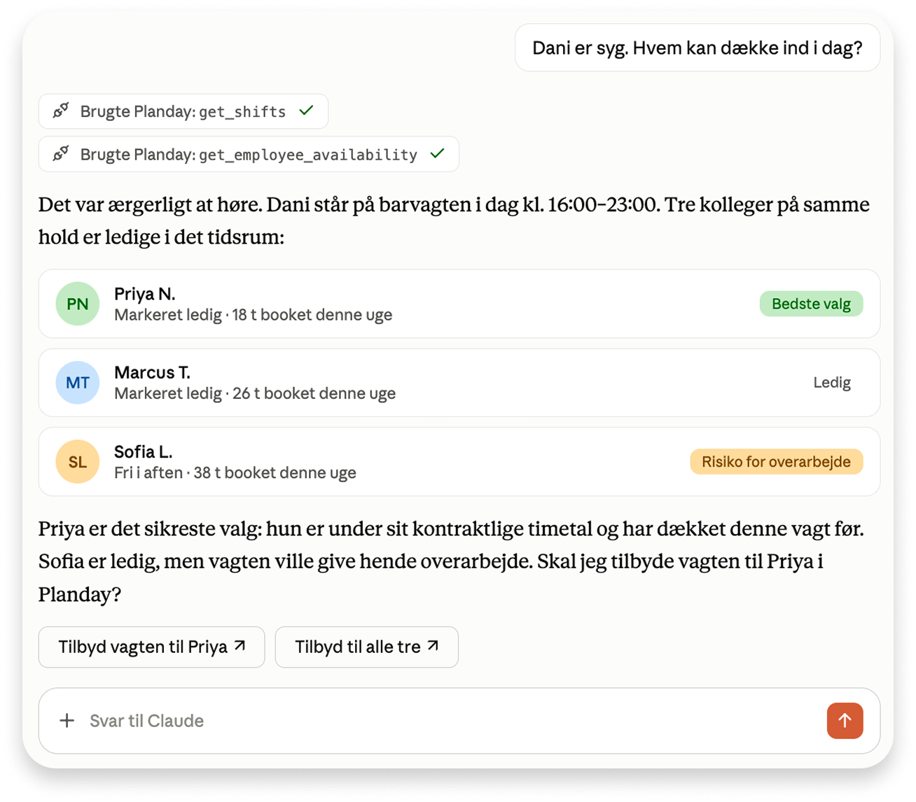 Claude anbefaler afløsere til en vagt ud fra data i Planday