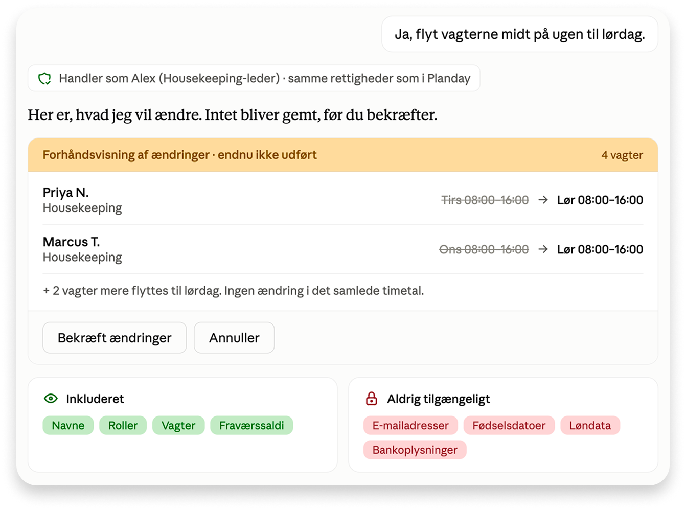 Forhåndsvisning af vagtændringer og adgangsrettigheder i Planday