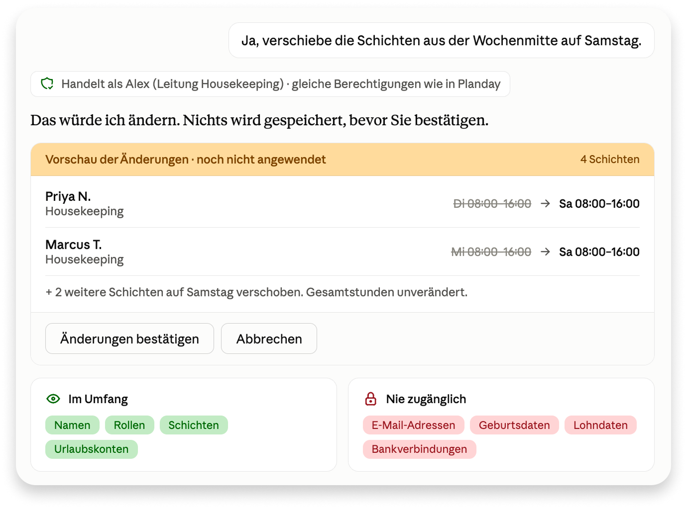 Vorschau von Schichtänderungen und Zugriffsrechten in Planday