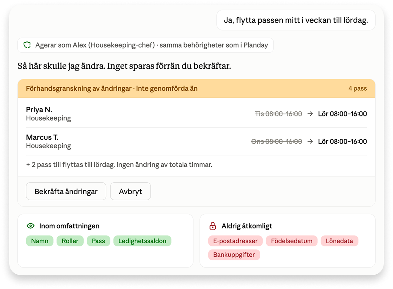 Förhandsgranskning av ändrade arbetspass och behörigheter i Planday
