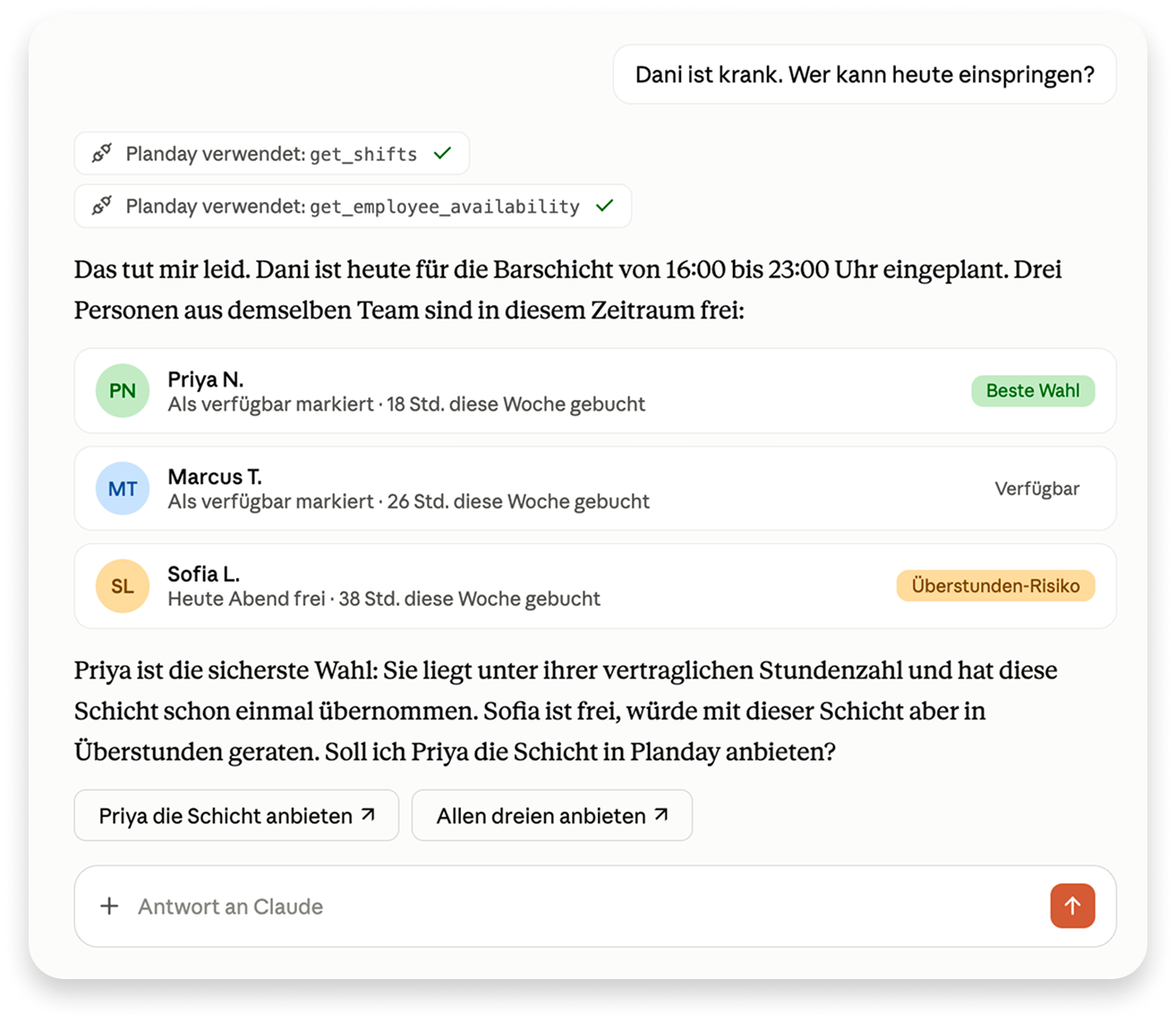 Claude empfiehlt verfügbare Vertretungen anhand von Planday-Daten