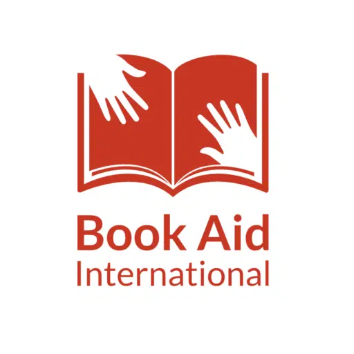 Book Aid International-logo med to hender på rød bok