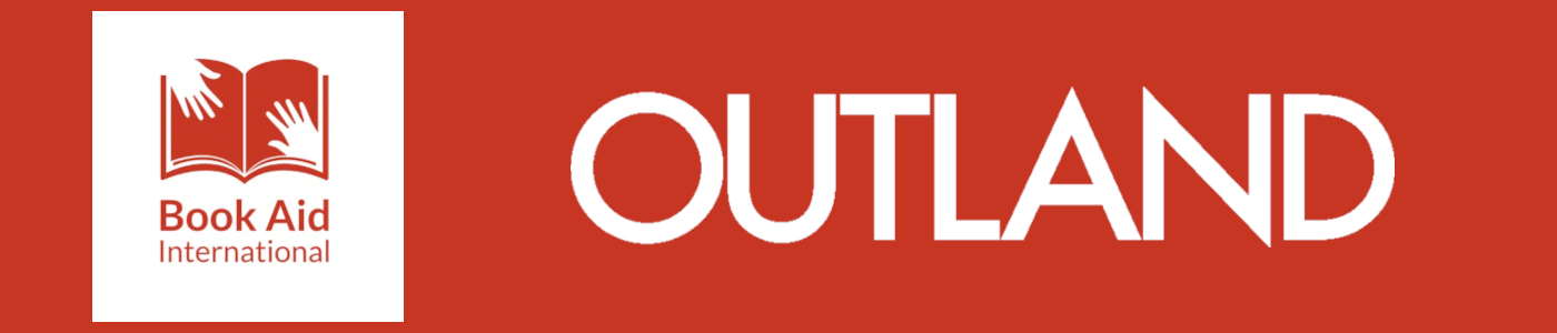 Book Aid International-logo med to hender på rød bok og Outland-logo