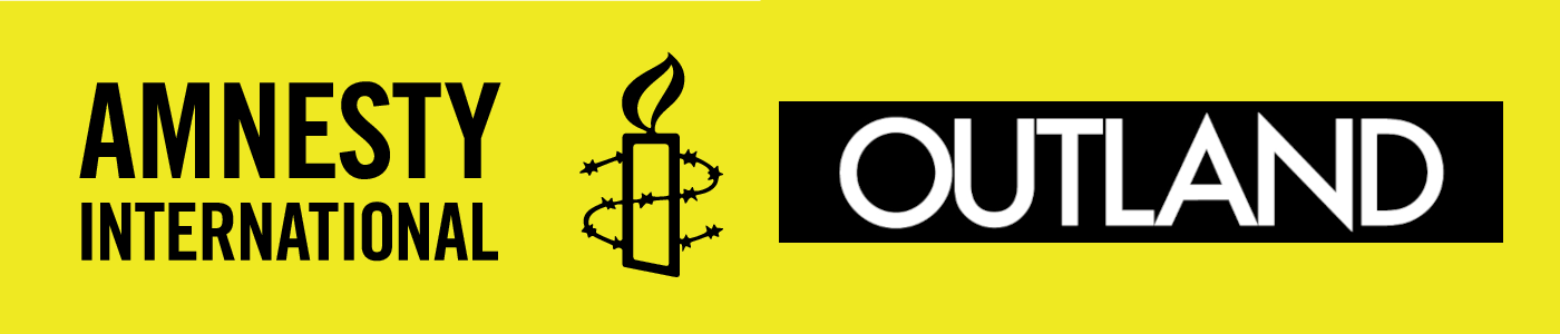 Amnesty International-logo og Outland-logo på gul bakgrunn