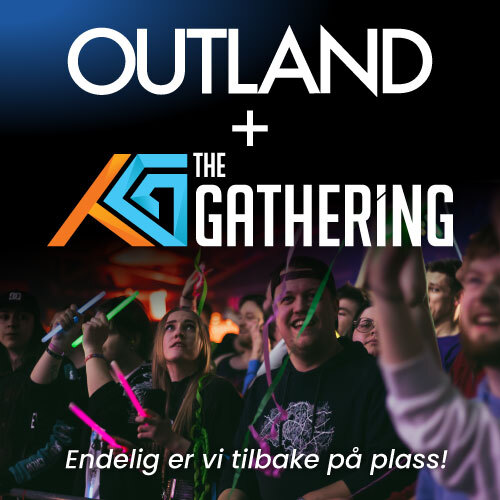 Outland-logo og The Gathering-logo med slagord Endelig er vi tilbake på plass!