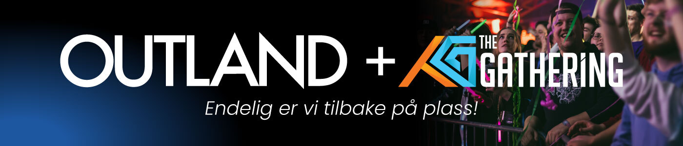 Outland-logo og The Gathering-logo med slagord Endelig er vi tilbake på plass!