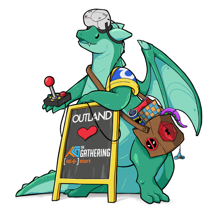 Outlands maskot Outly med gamer-gear og skilt for The Gathering