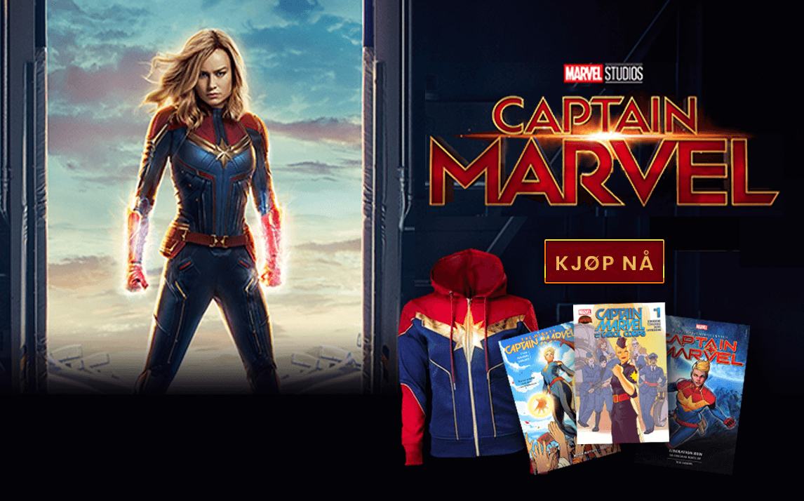 Captain Marvel Carol Danvers med Captain Marvel tegneserier og merch